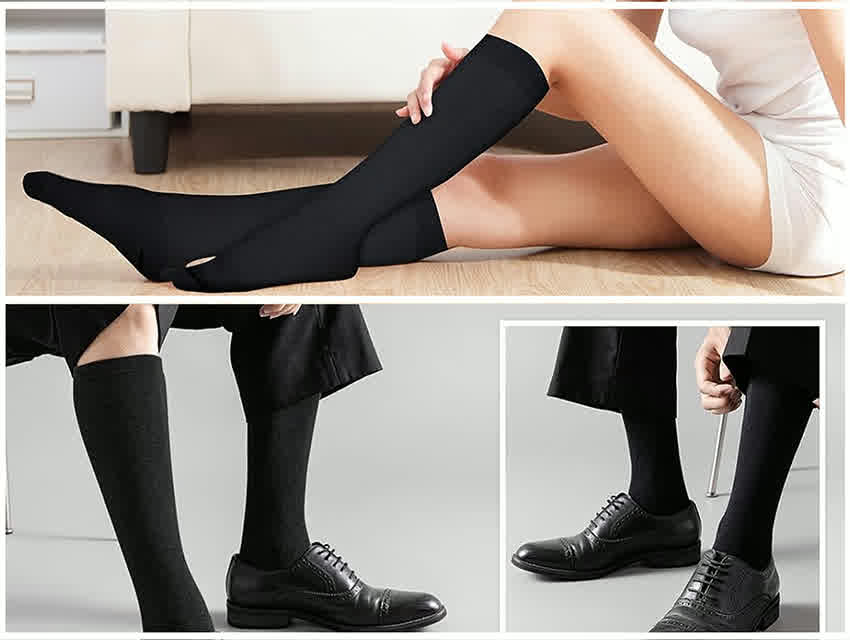 弾性ストッキングによる圧迫が「巡りのサポート」として有効であることが紹介された写真