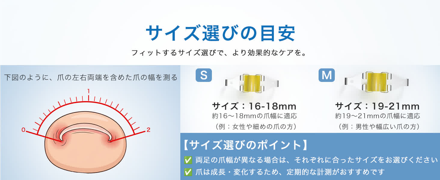 爪幅を測って選ぶ巻き爪矯正器具のSサイズとMサイズの目安